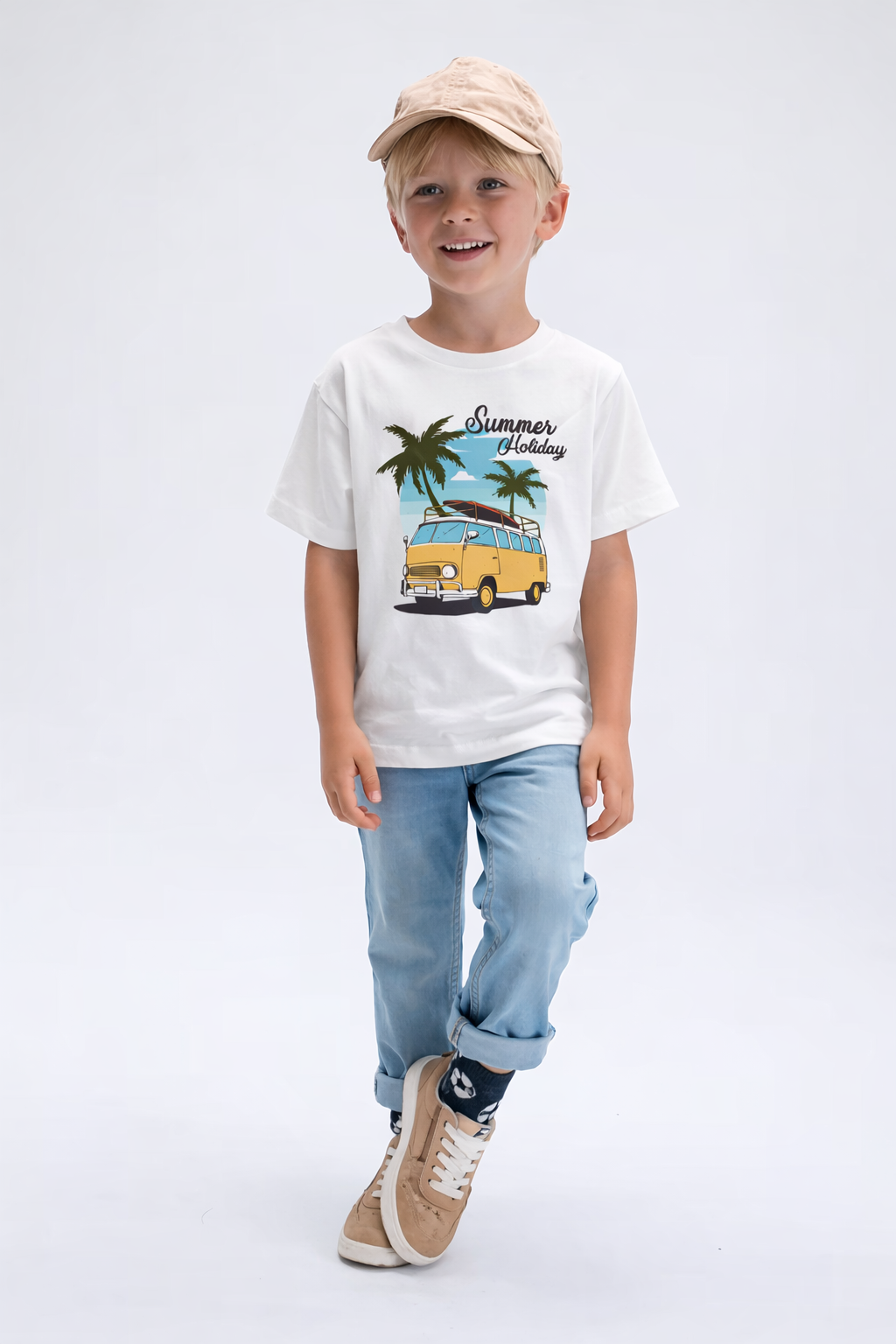 Jobka Kids Erkek %100 Pamuk Summer Holiday Baskılı Beyaz Renk Tshirt