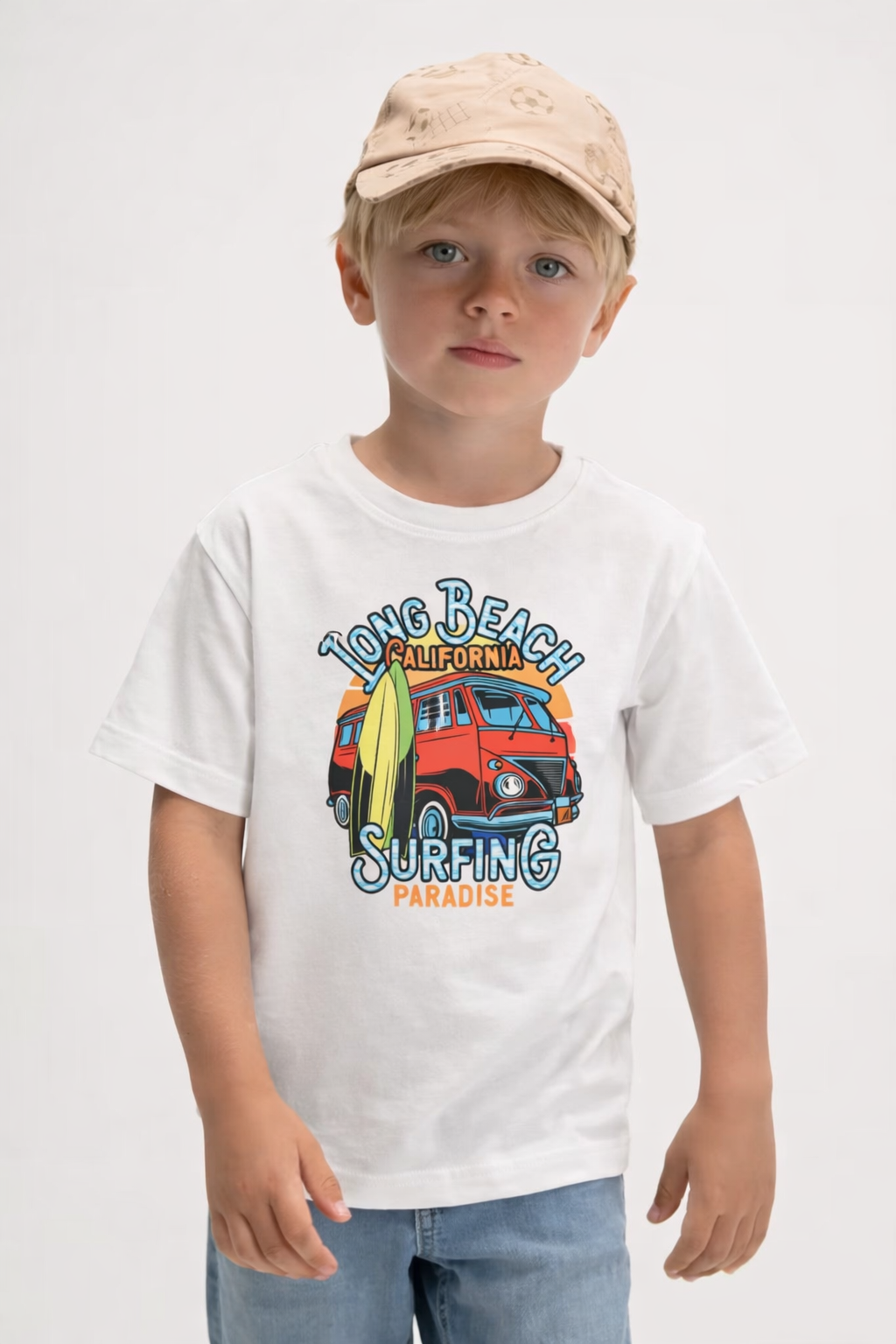 Jobka Kids Erkek %100 Pamuk Long Beach Baskılı Beyaz Renk Tshirt