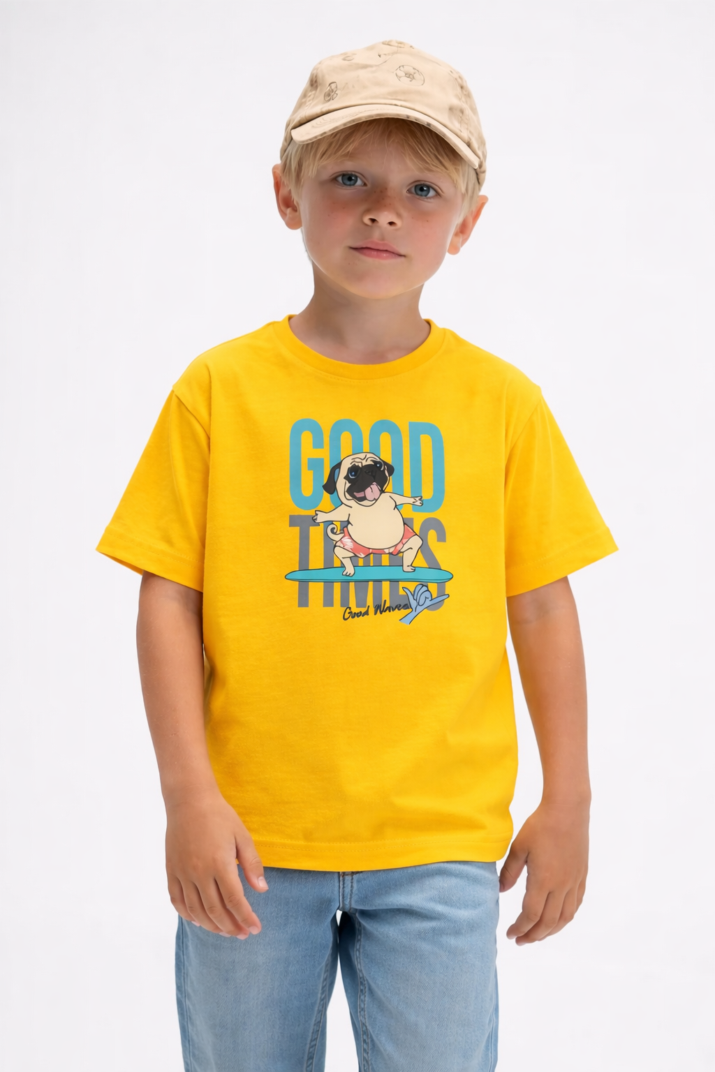 Jobka Kids Erkek %100 Pamuk Good Vibes Baskılı Sarı Renk Tshirt