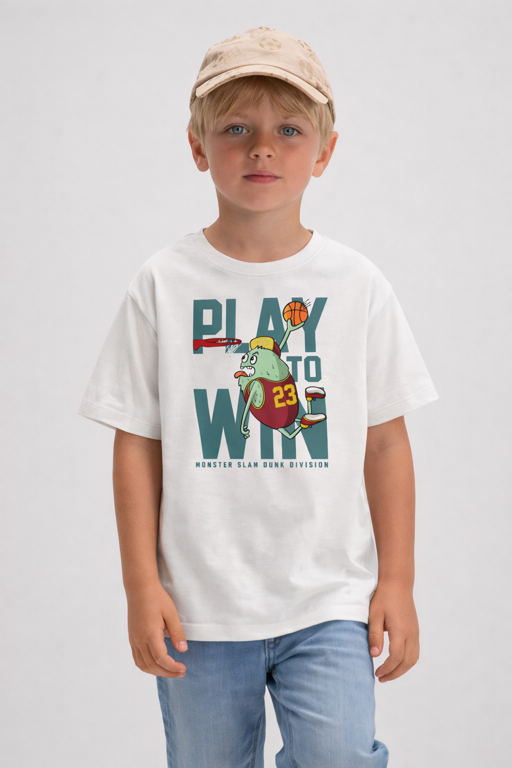 Jobka Kids Erkek %100 Pamuk Play to Win Baskılı Beyaz Renk Tshirt