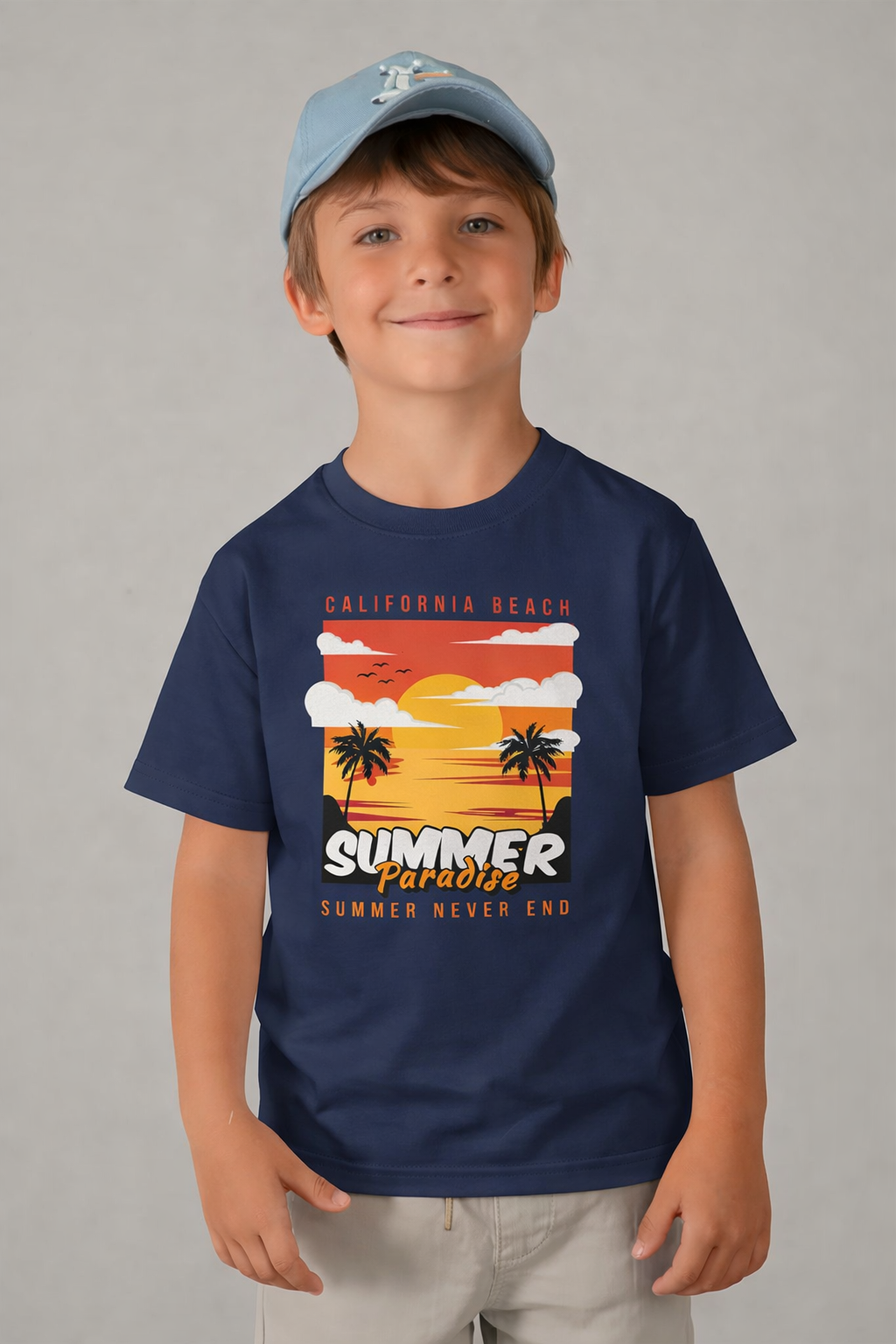 Jobka Kids Erkek %100 Pamuk Summer Paradise Baskılı Lacivert Renk Tshirt