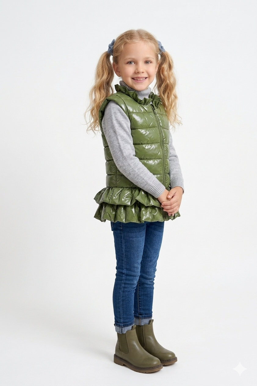 Jobka Kids Kız Çocuk Fırfır Detaylı Haki Yeşili Şişme Yelek