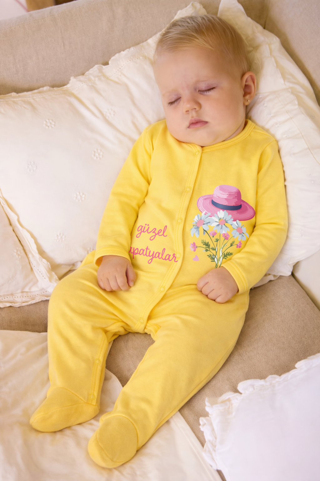 Jobka Kids Kız Bebek %100 Pamuk Papatya Baskılı Sarı Uyku Tulumu