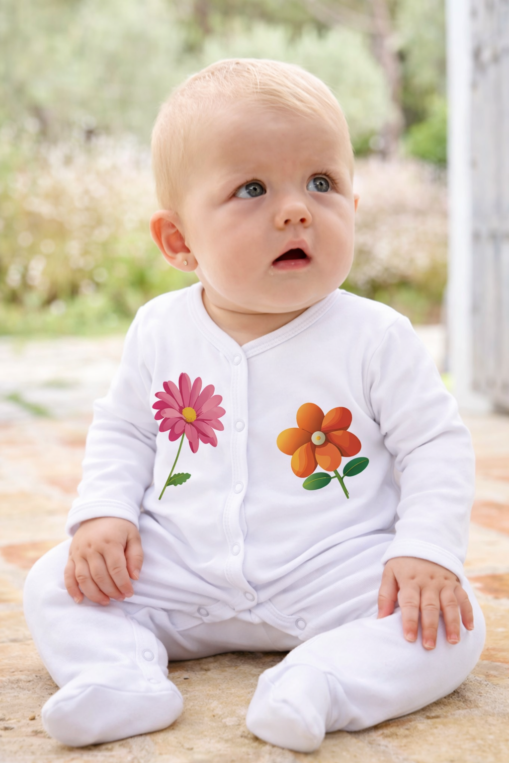 Jobka Kids Kız Bebek %100 Pamuk Çiçek Baskılı Beyaz Uyku Tulumu