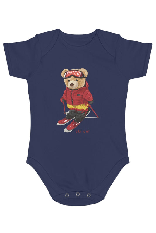 Jobka Kids Erkek Bebek %100 Pamuk Kayakçı Tedy Baskılı Lacivert Body