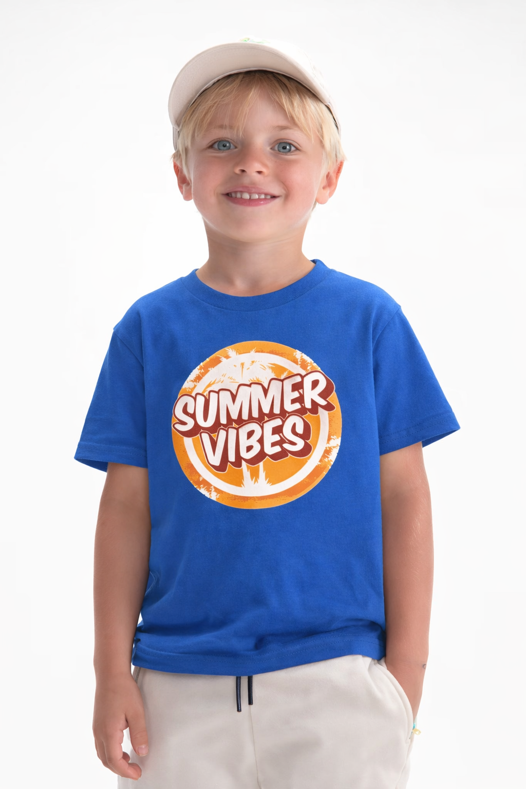 Jobka Kids Erkek %100 Pamuk Summer Vibes Baskılı Saks Renk Tshirt