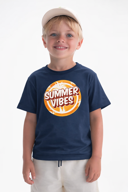 Jobka Kids Erkek %100 Pamuk Summer Vibes Baskılı Lacivert Renk Tshirt