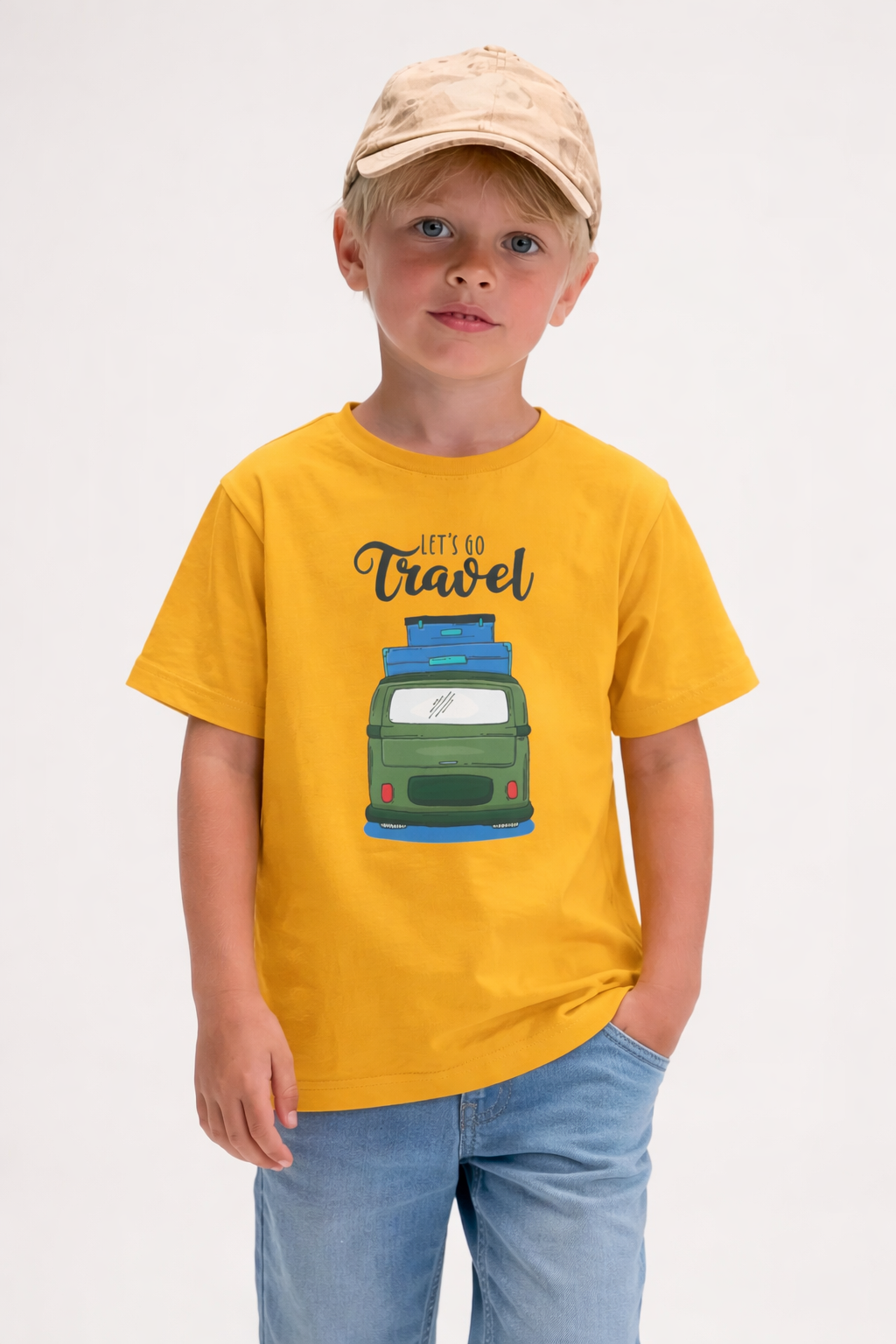 Jobka Kids Erkek %100 Pamuk Travel Karavan Baskılı Sarı Renk Tshirt