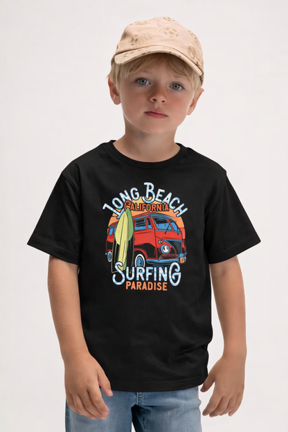 Jobka Kids Erkek %100 Pamuk Long Beach Baskılı Siyah Renk Tshirt