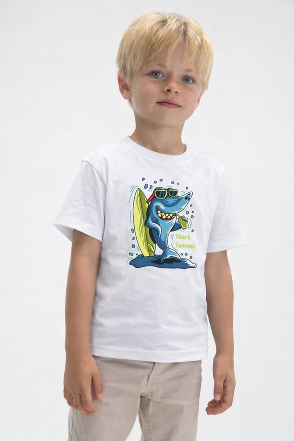 Jobka Kids Erkek %100 Pamuk Shark Baskılı Beyaz Renk Tshirt
