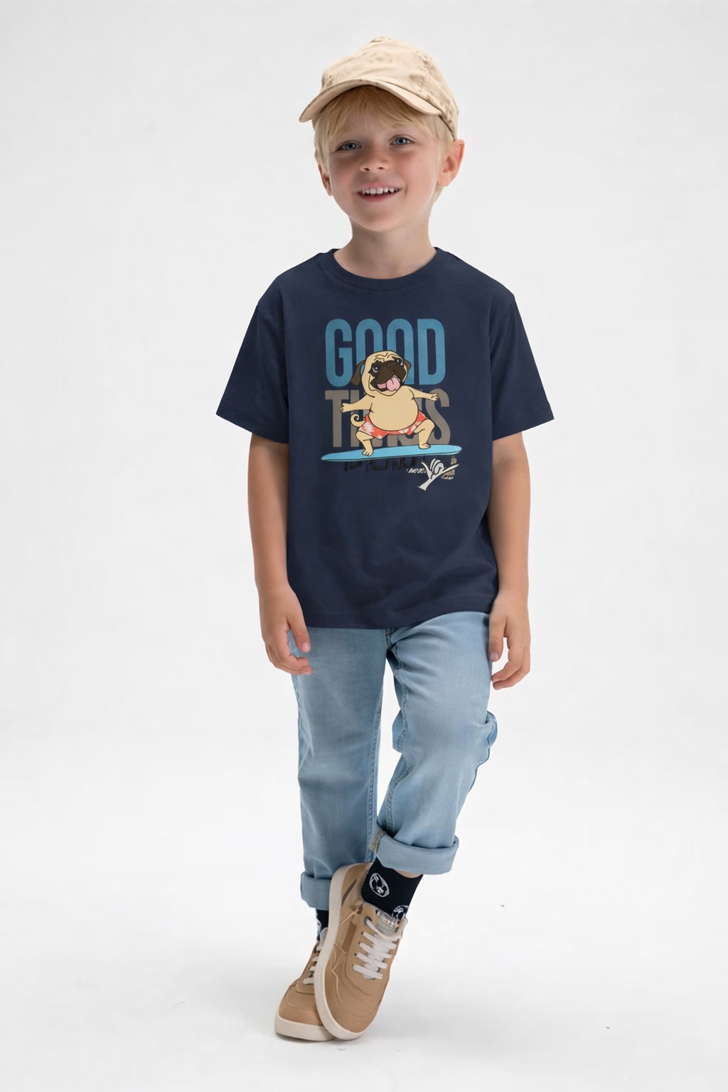 Jobka Kids Erkek %100 Pamuk Good Vibes Baskılı Lacivert Renk Tshirt
