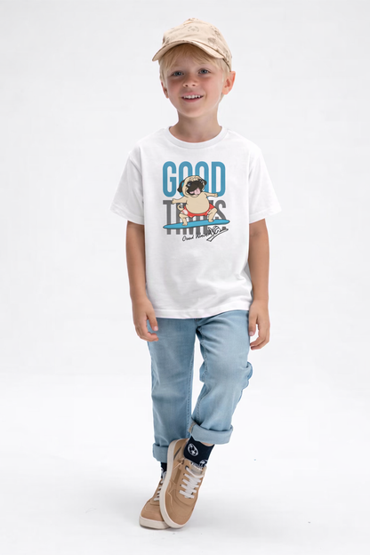 Jobka Kids Erkek %100 Pamuk Good Vibes Baskılı Beyaz Renk Tshirt
