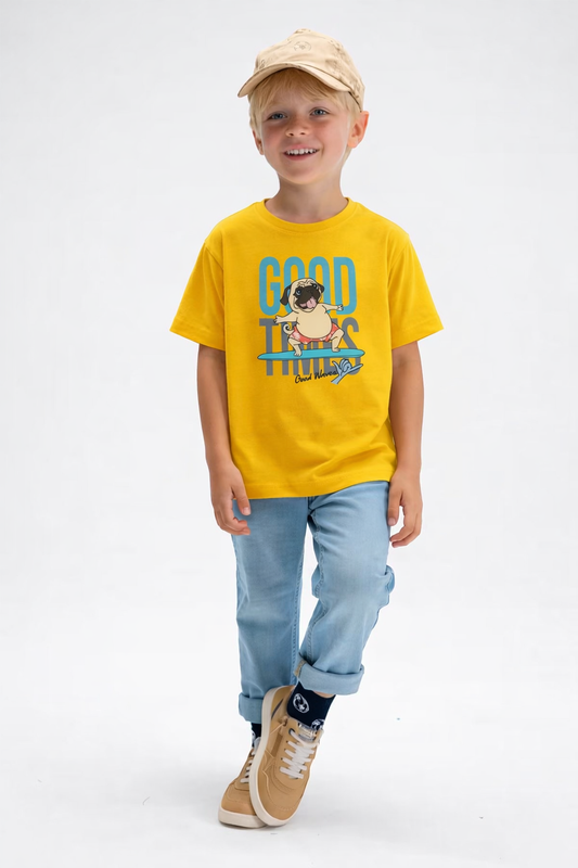 Jobka Kids Erkek %100 Pamuk Good Vibes Baskılı Sarı Renk Tshirt