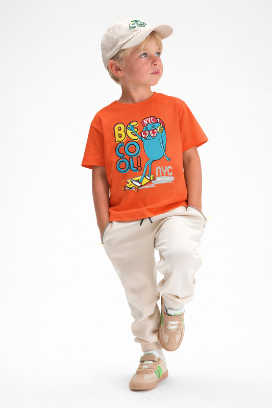 Jobka Kids Erkek %100 Pamuk Be Cool Mikrop Baskılı Turuncu Renk Tshirt