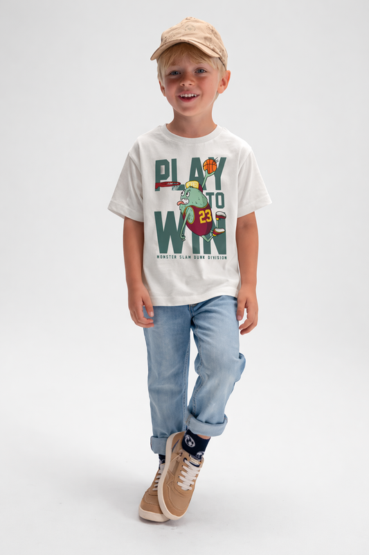 Jobka Kids Erkek %100 Pamuk Play to Win Baskılı Beyaz Renk Tshirt