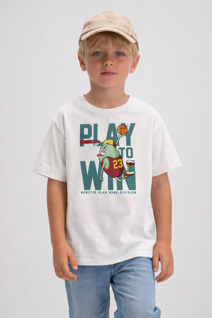 Jobka Kids Erkek %100 Pamuk Play to Win Baskılı Beyaz Renk Tshirt