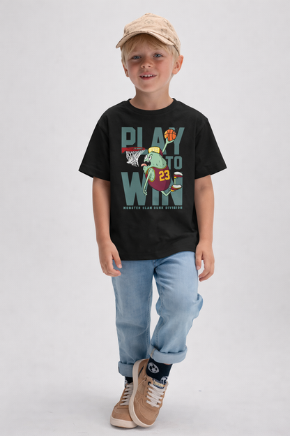 Jobka Kids Erkek %100 Pamuk Play to Win Baskılı Siyah Renk Tshirt