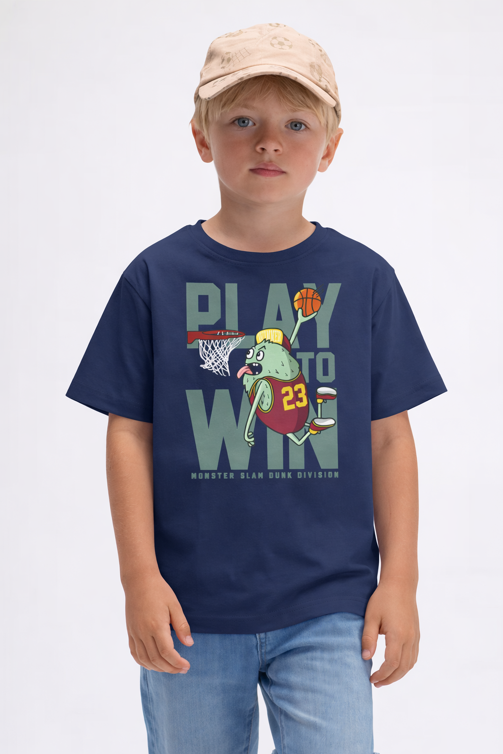 Jobka Kids Erkek %100 Pamuk Play to Win Baskılı Lacivert Renk Tshirt