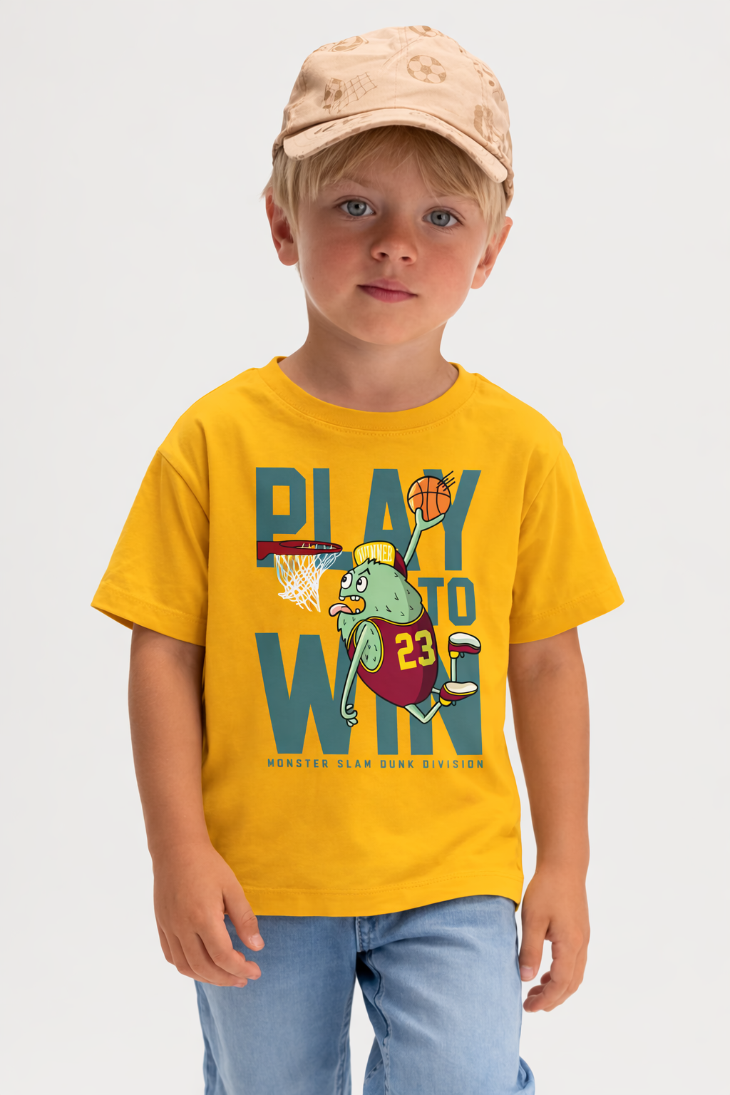 Jobka Kids Erkek %100 Pamuk Play to Win Baskılı Sarı Renk Tshirt