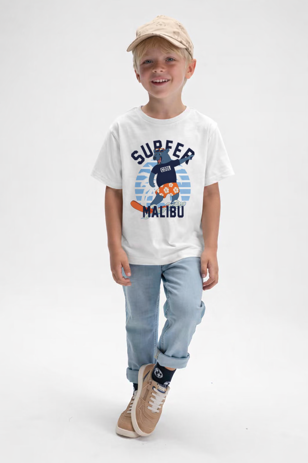 Jobka Kids Erkek %100 Pamuk Surfer Malibu Baskılı Beyaz Renk Tshirt