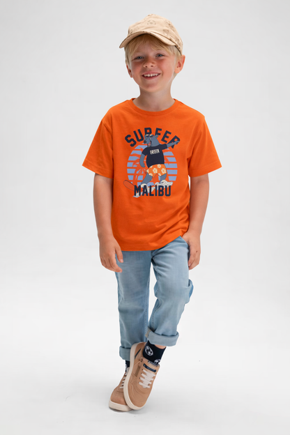 Jobka Kids Erkek %100 Pamuk Surfer Malibu Baskılı Turuncu Renk Tshirt