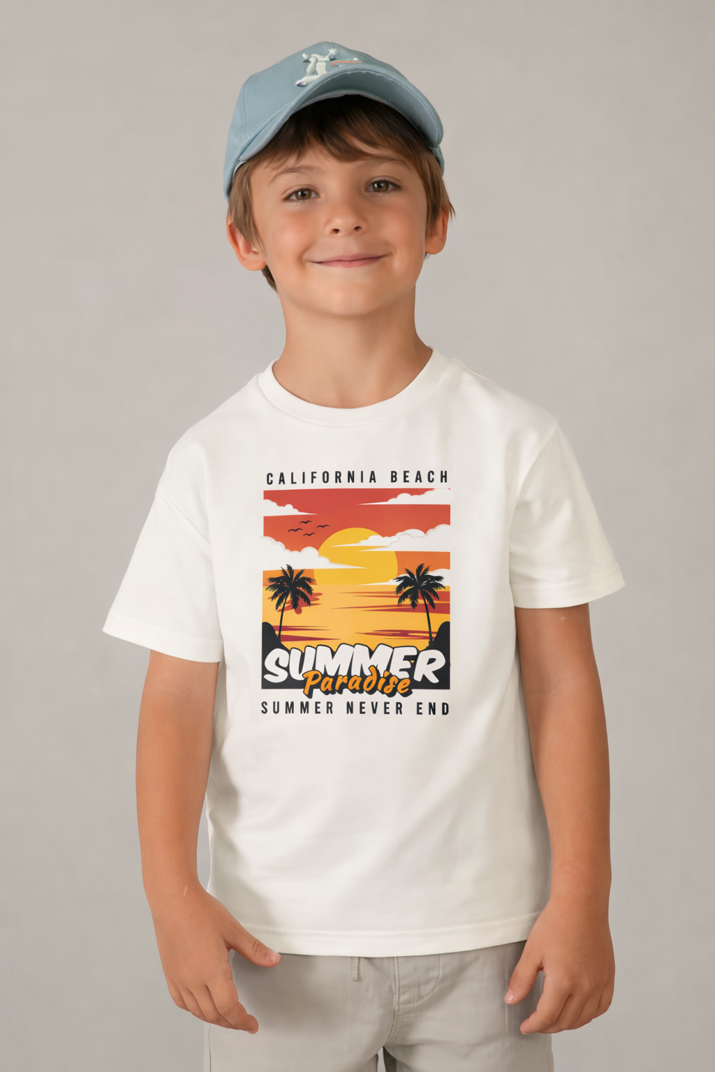 Jobka Kids Erkek %100 Pamuk Summer Paradise Baskılı Beyaz Renk Tshirt