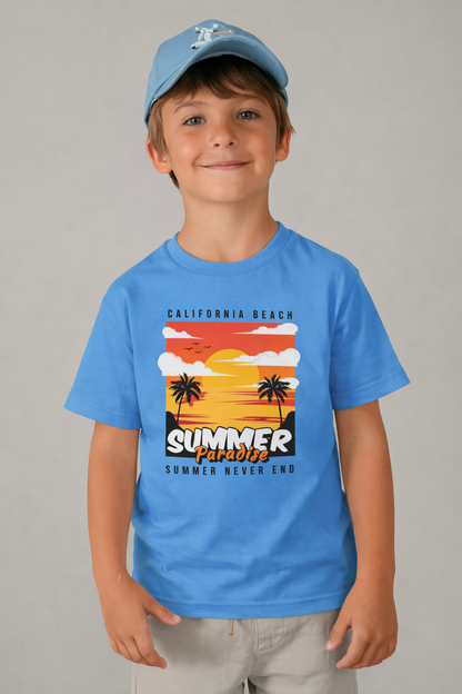 Jobka Kids Erkek %100 Pamuk Summer Paradise Baskılı Gök Mavisi Renk Tshirt