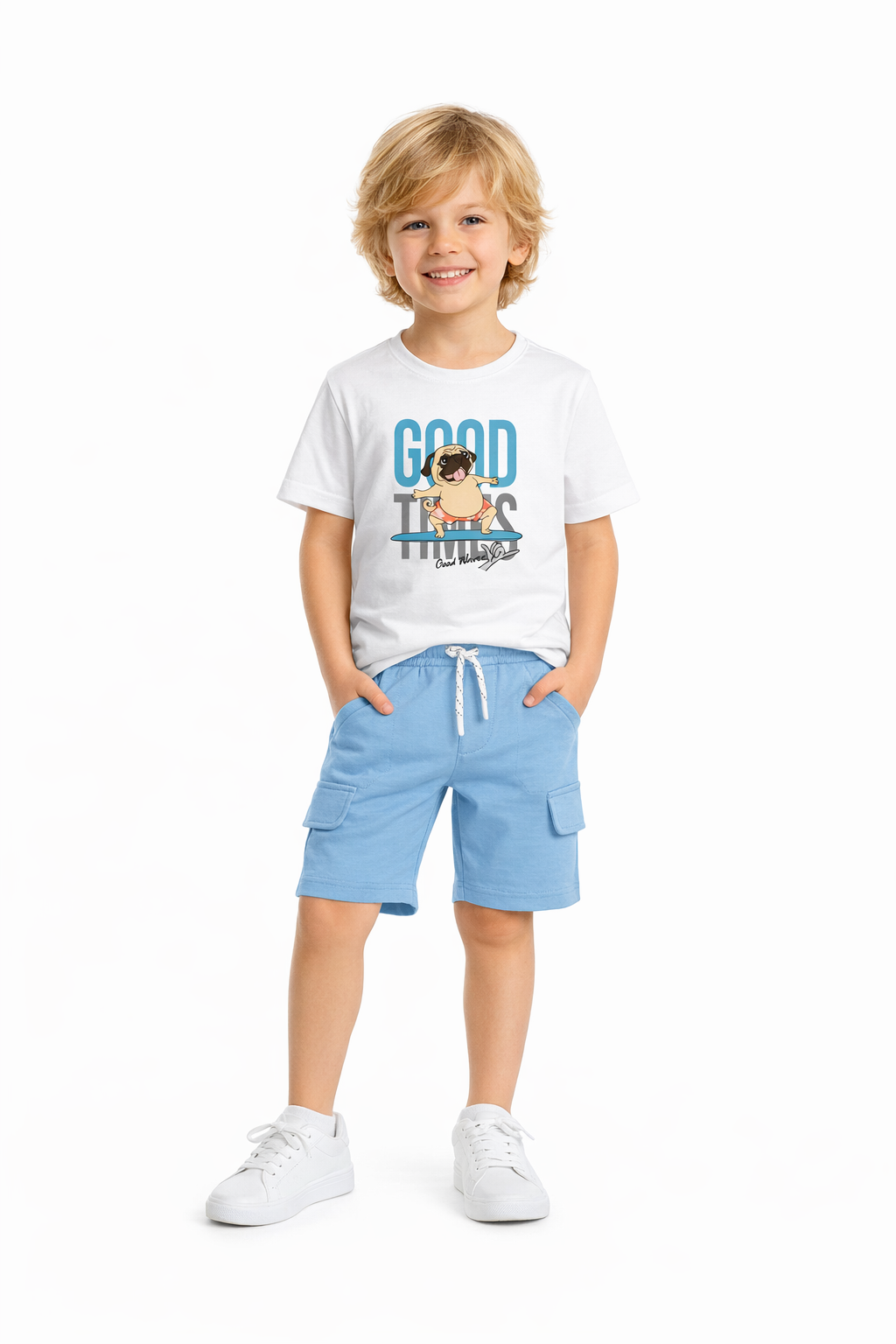 Jobka Kids Çocuk Gök Mavi %100 Pamuk Kargo Cepli Şort