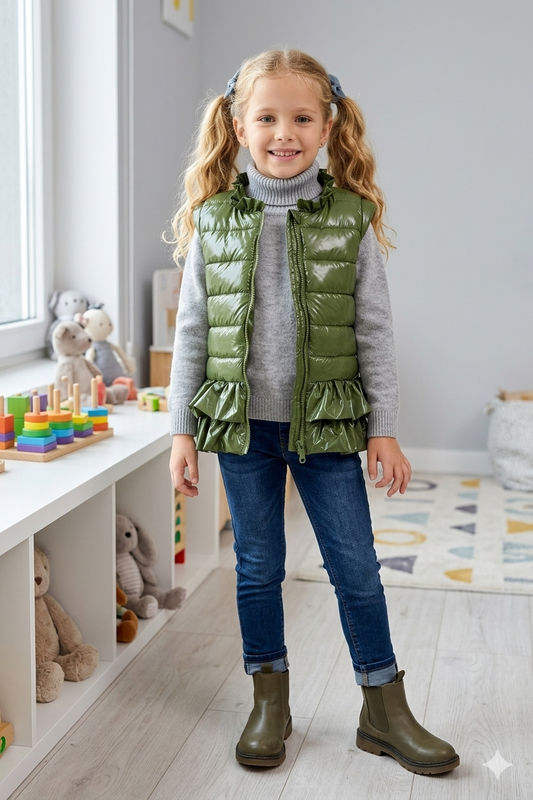 Jobka Kids Kız Çocuk Fırfır Detaylı Haki Yeşili Şişme Yelek