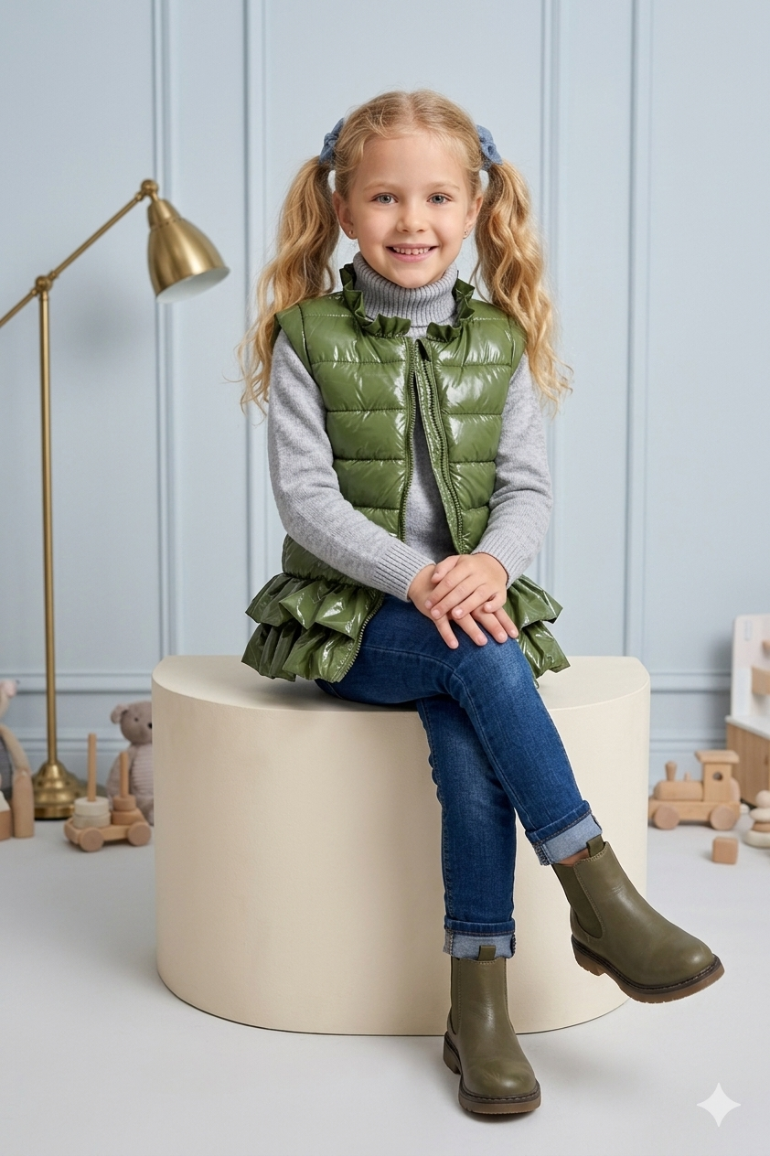 Jobka Kids Kız Çocuk Fırfır Detaylı Haki Yeşili Şişme Yelek