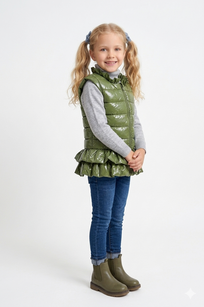 Jobka Kids Kız Çocuk Fırfır Detaylı Haki Yeşili Şişme Yelek