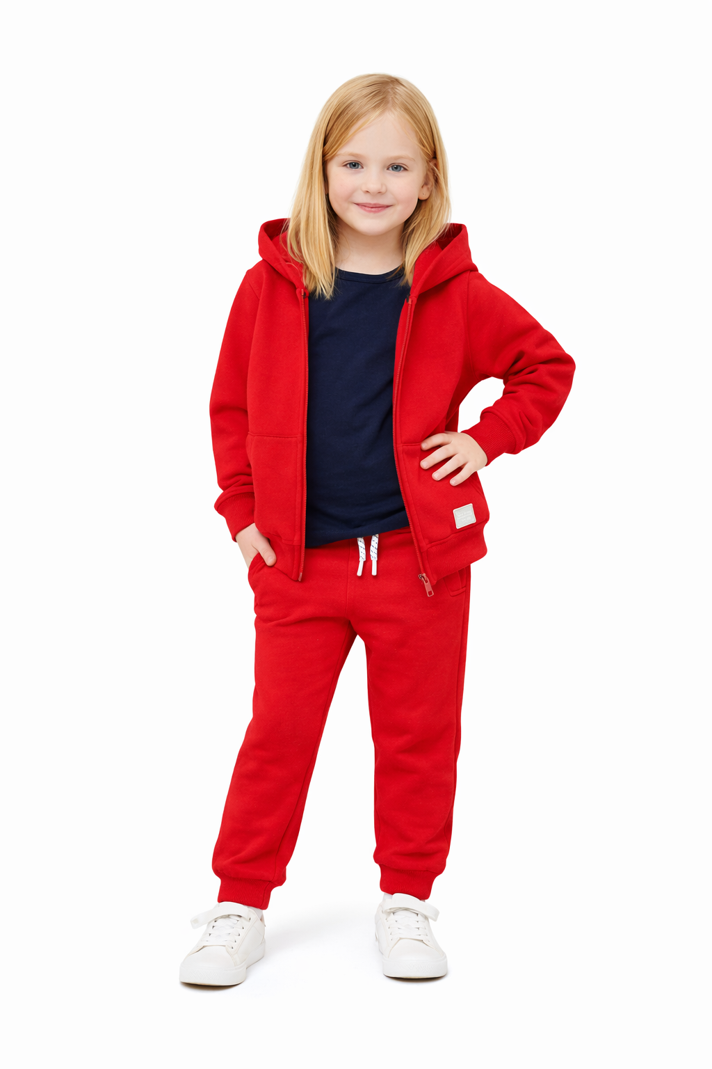 Jobka Kids Kız Kanguru Cepli Fermuarlı %100 Pamuk Kırmızı Renk Eşofman Üstü