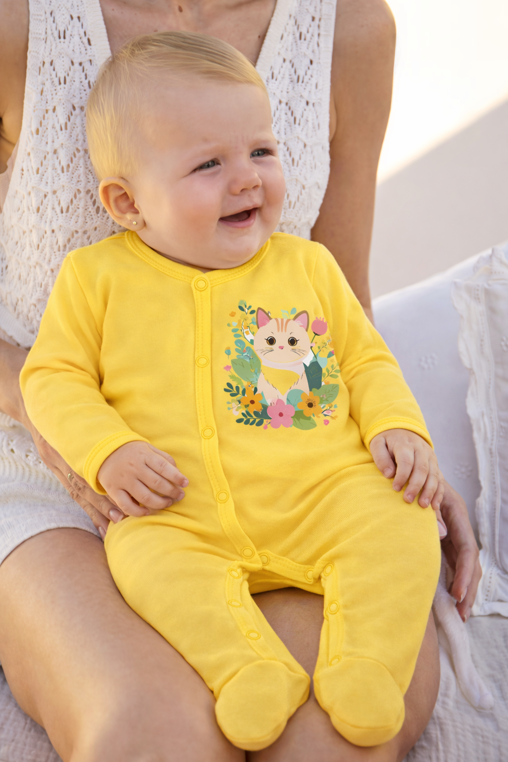 Jobka Kids Kız Bebek %100 Pamuk Kedi Baskılı Sarı Uyku Tulumu