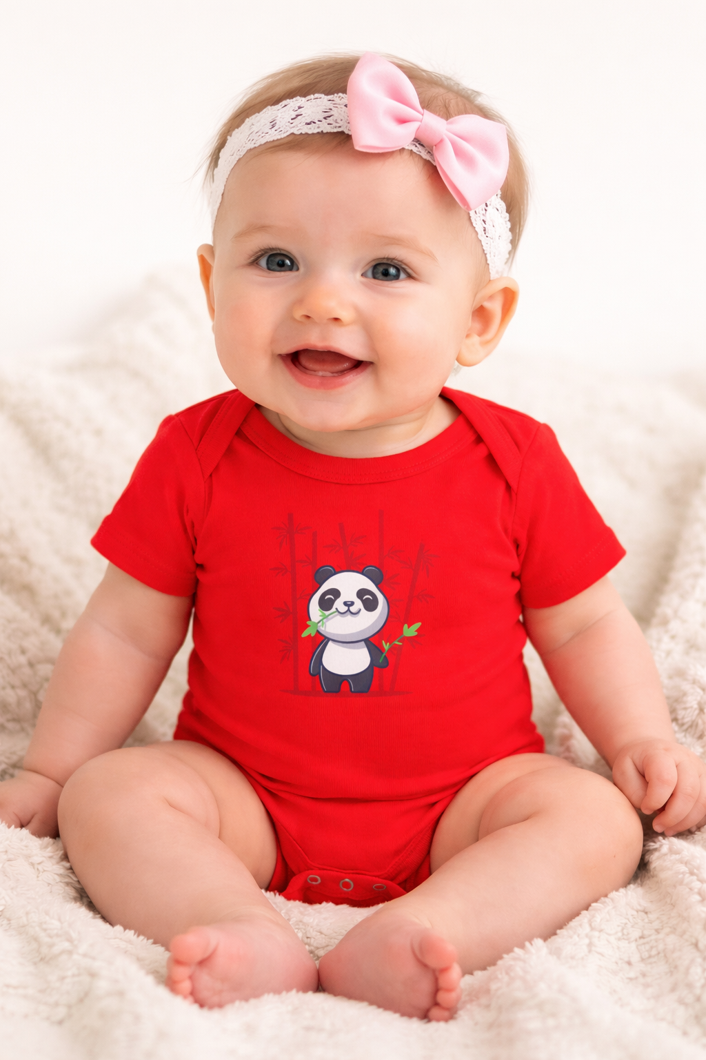 Jobka Kids Kız Bebek %100 Pamuk Bambu Panda Baskılı Kırmızı Body