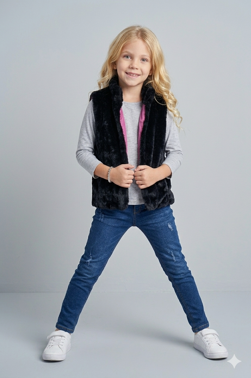 Jobka Kids Kız Çocuk Siyah Renk Suni Kürk Yelek