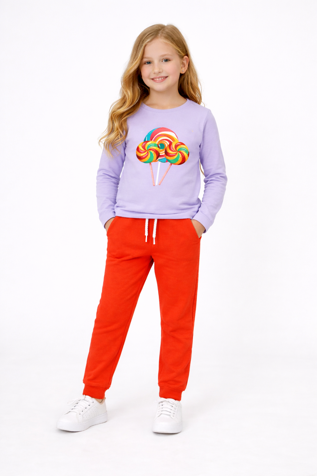 Jobka Kids Kız Beli Lastikli 3 Cepli %100 Pamuk Turuncu Renk Eşofman Altı