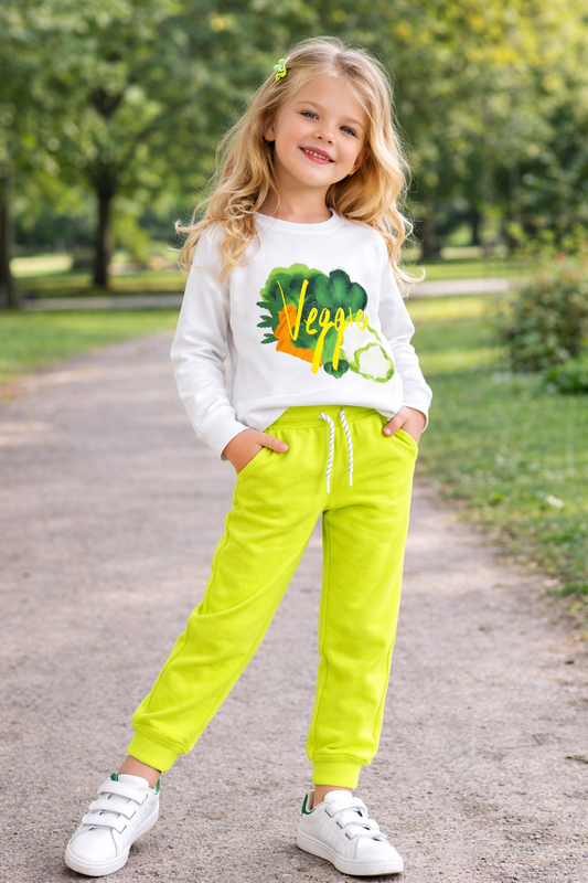 Jobka Kids Kız Beli Lastikli 3 Cepli %100 Pamuk Fıstık Yeşili Renk Eşofman Altı